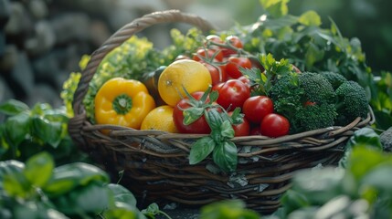 Fresh market bounty close-up, a variety of fruits and vegetables in a rustic basket, sunlit and inviting 