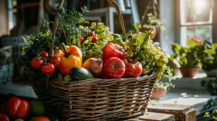Fresh market bounty close-up, a variety of fruits and vegetables in a rustic basket, sunlit and inviting 