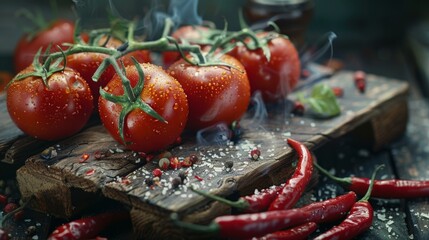 Fresh tomatoes and chili peppers on rustic wood, close-up with a moody, atmospheric lighting