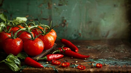 Fresh tomatoes and chili peppers on rustic wood, close-up with a moody, atmospheric lighting