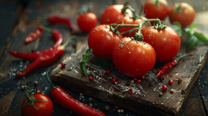Fresh tomatoes and chili peppers on rustic wood, close-up with a moody, atmospheric lighting