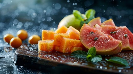 Freshly cut exotic fruits, papaya, guava, and kumquat, on a wooden board, morning dew highlighting freshness - obrazy, fototapety, plakaty