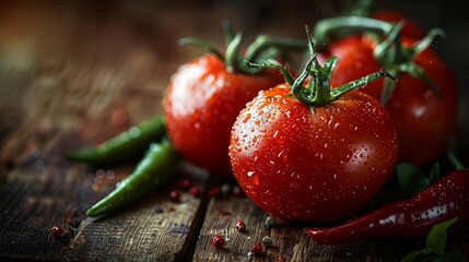 Fresh tomatoes and chili peppers on rustic wood, close-up with a moody, atmospheric lighting