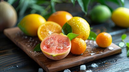 Freshly cut exotic fruits, papaya, guava, and kumquat, on a wooden board, morning dew highlighting freshness