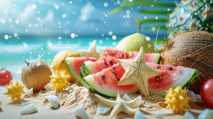 Freshly cut tropical fruits on beach backdrop, close-up of watermelon, coconut, star fruit, summer vibe
