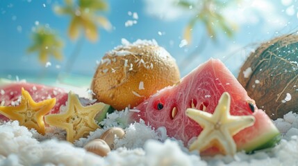 Freshly cut tropical fruits on beach backdrop, close-up of watermelon, coconut, star fruit, summer vibe