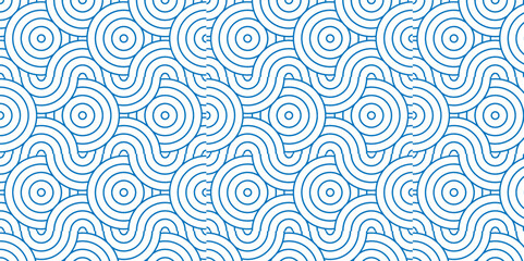 Fototapeta premium Minimal diamond geometric waves spiral pattern and abstract circle wave line. blue seamless tile stripe geomatics overlapping create retro square line backdrop pattern background. Overlapping Pattern.
