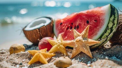 Freshly cut tropical fruits on beach backdrop, close-up of watermelon, coconut, star fruit, summer vibe