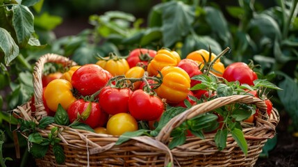 Harvest close-up of mixed tomatoes and peppers, basketful of variety, ready for the gourmet kitchen