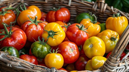 Harvest close-up of mixed tomatoes and peppers, basketful of variety, ready for the gourmet kitchen