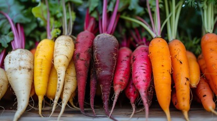 Heirloom root vegetables close-up, showcasing the variety and beauty of carrots, beets, and yams 