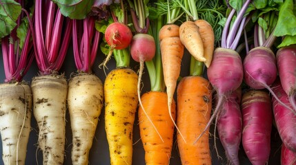 Heirloom root vegetables close-up, showcasing the variety and beauty of carrots, beets, and yams 