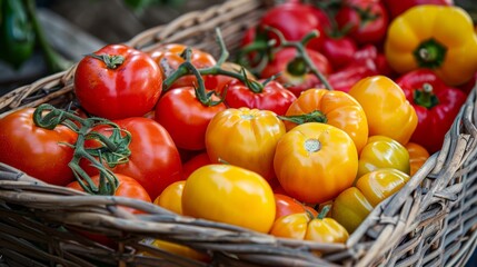 Harvest close-up of mixed tomatoes and peppers, basketful of variety, ready for the gourmet kitchen