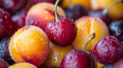 Heirloom stone fruits close-up, variety of peaches, plums, and cherries, rich in color and texture