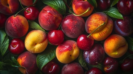 Heirloom stone fruits close-up, variety of peaches, plums, and cherries, rich in color and texture