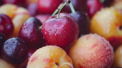 Heirloom stone fruits close-up, variety of peaches, plums, and cherries, rich in color and texture