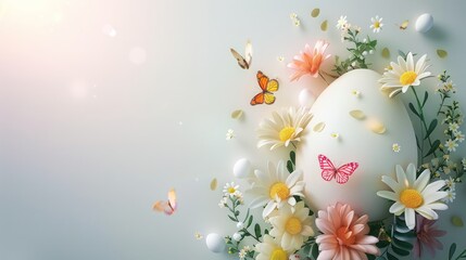 Easter themed egg-shaped frame adorned with colored eggs, flowers, butterflies, featuring ample copy space