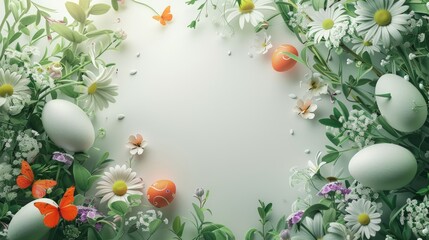 Naklejka na ściany i meble Festive egg-shaped Easter frame decorated with vibrant Festive egg shaped Easter frame decorated with vibrant eggs, blossoms, butterflies, offering space for text insertion.