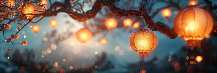 Warm glowing lanterns hanging from a tree in full bloom, creating a magical and festive atmosphere at dusk.
 - obrazy, fototapety, plakaty