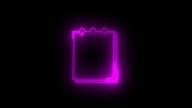 Neon glowing pink notebook icon animation in black background