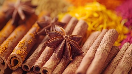 Macro shot of exotic spices, close-up of saffron threads, star anise, and cinnamon sticks, rich in color