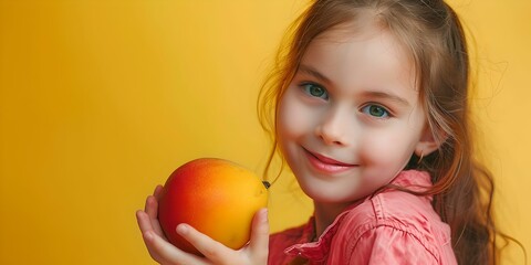 Fototapeta na wymiar Smiling young girl holding a ripe apple on a vibrant yellow background. child in casual wear promotes healthy eating. AI