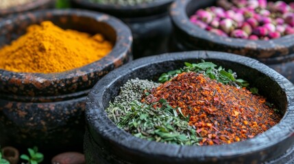 Spices and herbs on a mortar and pestle, close-up of grinding process, traditional cooking essentials 
