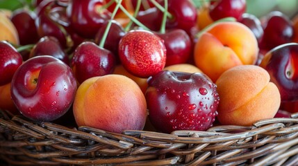 Naklejka na ściany i meble Stone fruit medley, close-up, peaches, cherries, apricots, in a wicker basket, summer harvest theme