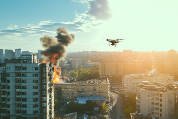 Copter drone above city with fire on building roof at sunny morning
