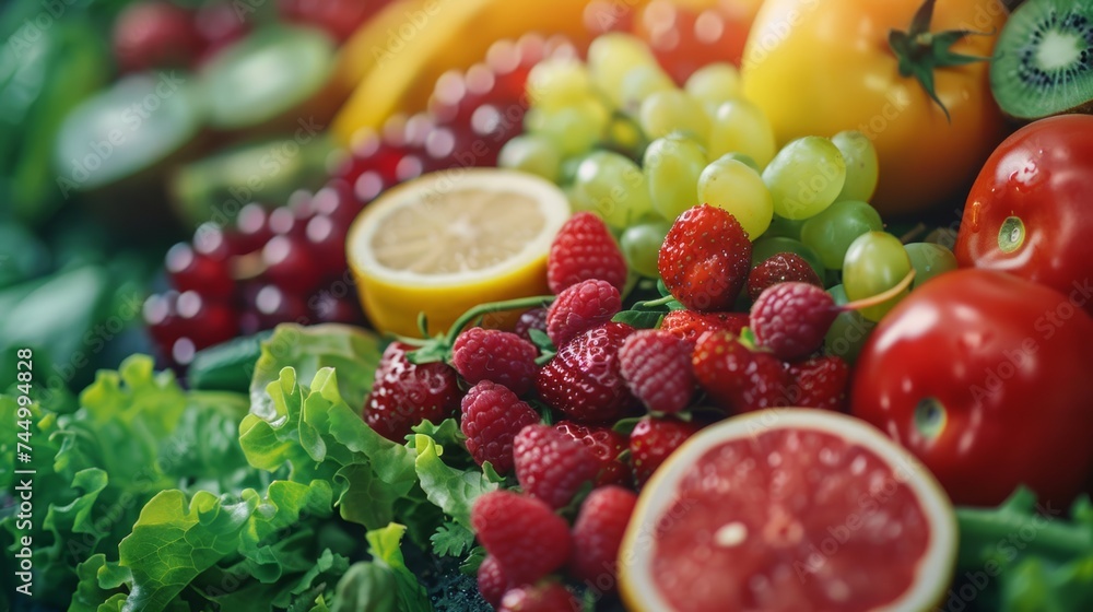 Poster vibrant close-up of a healthy mix of fruits and vegetables, emphasizing the variety of natures palet