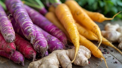 Vibrant root vegetables in natural light, close-up of purple carrots, golden beets, and ginger