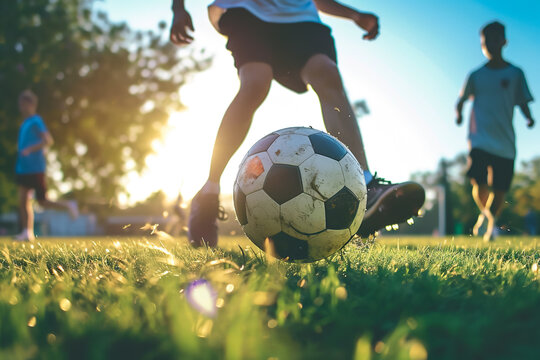 A man playing soccer with friends, with a ball at his feet - Powered by Adobe