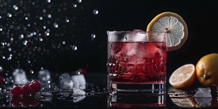 Refreshing cold beverage in glass with ice and lemon slice. ideal for summer ads. red drink photo for restaurant menu. AI