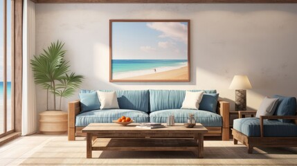 copy space beach scene, illuminated by the soft and diffused light of a hazy morning, capturing the quiet and contemplative charm of the oceanfront