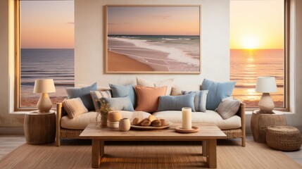 cozy beach composition, highlighted by the warm and golden tones of late evening sunlight, portraying the beauty of a relaxing coastal retreat