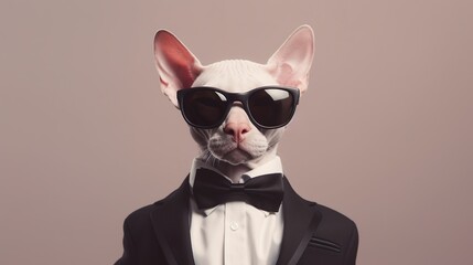 Obraz premium Cat wearing a neat suit and a bow tie, wearing sunglasses.