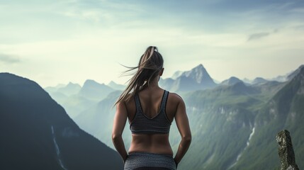 woman turning back fitness in the mountains aesthetic image.