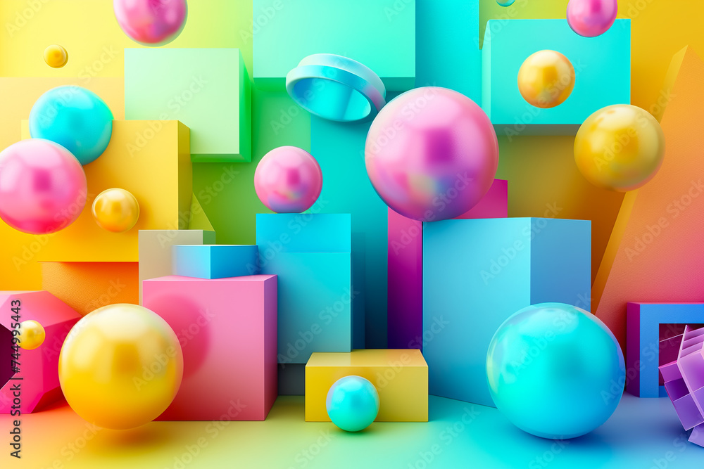 Aufkleber a 3d geometric abstraction with a rainbow color scheme. the shapes are cubes and spheres
