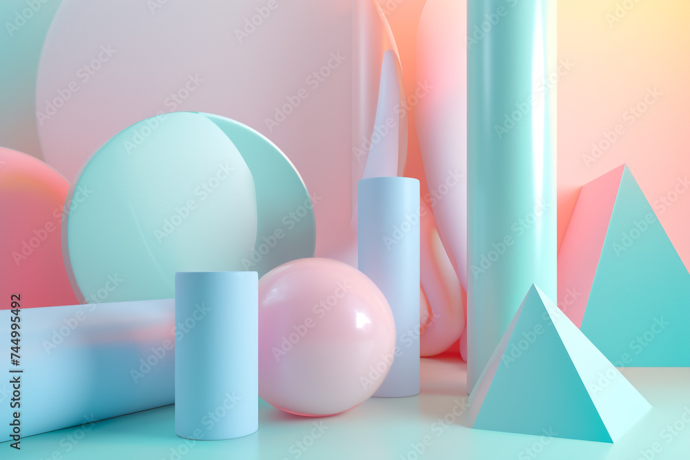 Poster a 3d geometric abstraction with a pastel color scheme. the shapes are cylinders and cones