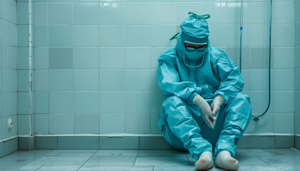photo of very tired surgeon sitting on the floor in the hospital