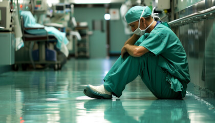 photo of very tired surgeon sitting on the floor in the hospital