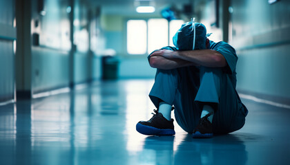 photo of very tired surgeon sitting on the floor in the hospital