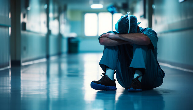 photo of very tired surgeon sitting on the floor in the hospital