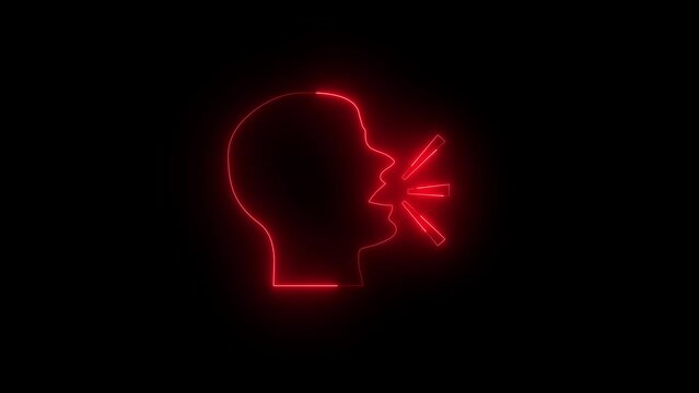 Neon glowing red speech mouth icon animation in black background