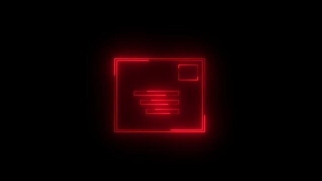 Neon glowing red stamped envelope icon animation in black background