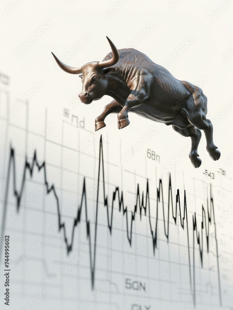 Poster a bull is jumping over a chart with a line. generative ai.
