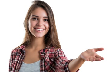 A woman is holding out her hand and smiling. Generative AI.