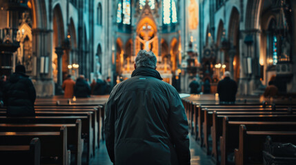 Fototapeta na wymiar Man Praying In Church