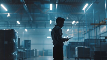 Fototapeta premium Man in a modern factory with a tablet in his hands 