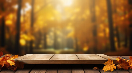 Empty Rustic Wooden Table for Product Display with Blurred Autumn Forest Background